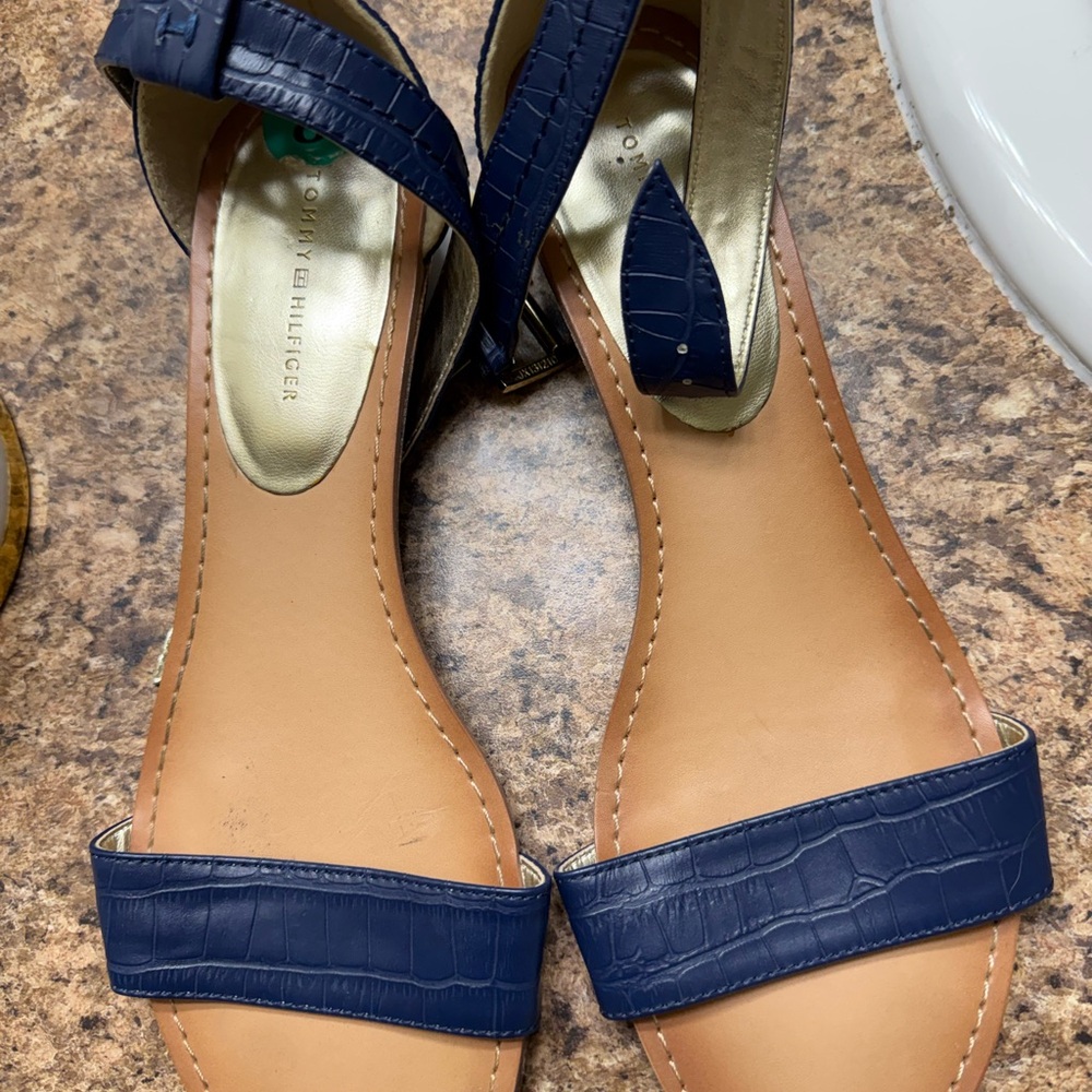 Tommy Hilfiger Navy Croc-Embossed Leather Sandals